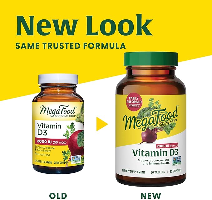 MegaFood Vitamin D3 2000 IU (50 mcg) - Vitamin D Supplements With Real Food, Immune Support, Supports Bones, Teeth & Muscles, Vegetarian, Certified Non-GMO, Kosher – 90 Tablets, 90 Servings