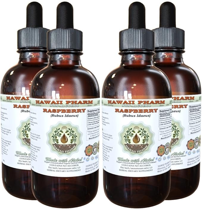 Raspberry Alcohol-Free Liquid Extract, Organic Raspberry (Rubus idaeus) Dried Leaf Glycerite Natural Herbal Supplement, Hawaii Pharm, USA 4x4 fl.oz