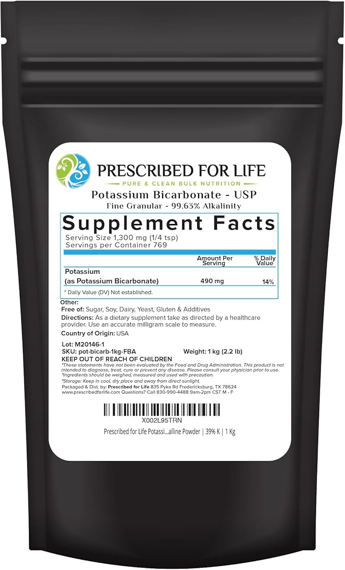 Prescribed for Life Potassium Bicarbonate Powder, Pure USP & Food Grade Potassium Bicarbonate for Plants, Winemaking, & Baking, Crystalline Powder, 39% K (1kg / 2.2lb)