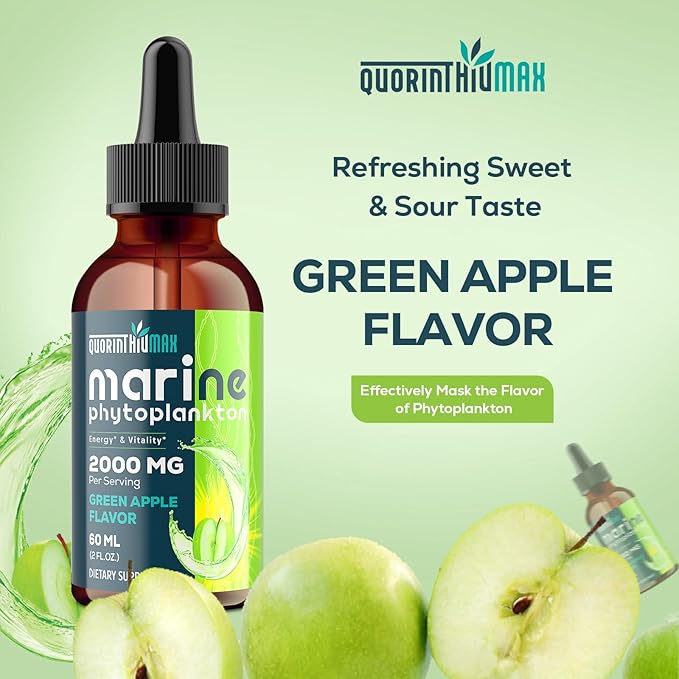 Marine Phytoplankton Drops 2000mg - High Absorption Phytoplankton Supplement with Wheatgrass & Fo-ti for Cellular Wellness, Hair Growth, Energy & Immunity | Green Apple Flavor, 60ml (Pack of 1)