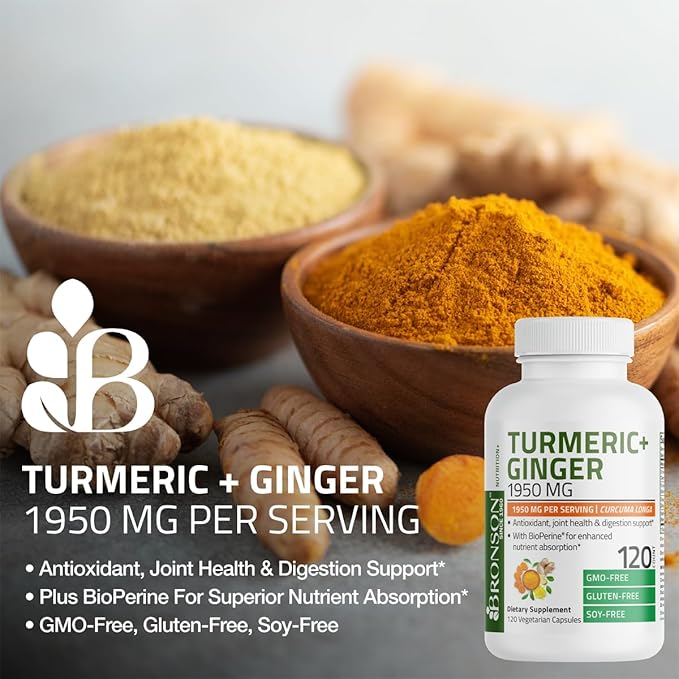 Bronson Turmeric + Ginger Extra Strength Joint Health & Digestion Support with BioPerine, Non-GMO, 360 Vegetarian Capsules