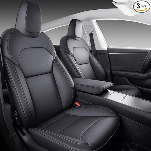 Front Seat Covers for 2025–2026 Tesla Model Y Juniper, Nappa Leather Custom Fit Front Row 2-Piece Set, Airbag Compatible Car Interior Seat Cushion Covers, Black, 2-Pack
