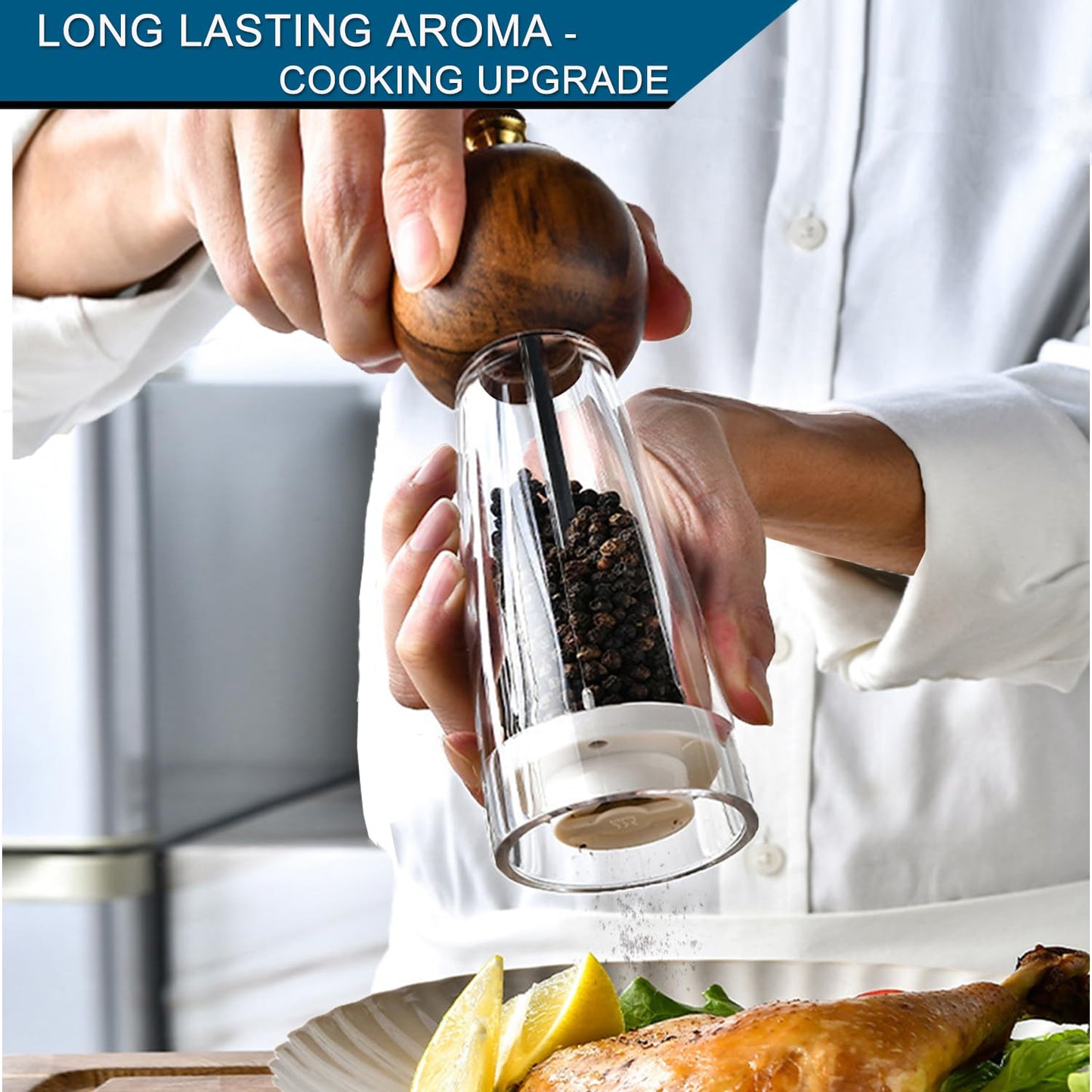 Premium Acrylic Salt and Pepper Mill Set, 6.7 Inches Acacia Wood Grinder with Adjustable Coarseness Mill, Refillable Manual Salt Grinder, Enjoy Fresh Ground Pepper Sea Salts & Various spices