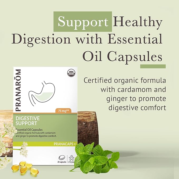 Pranarom - Digestive Support Pranacaps 30 Capsules - Certified Organic Ingredients - Safe, Pre-dosed, Easy to Swallow - Sustainable & Eco-Friendly