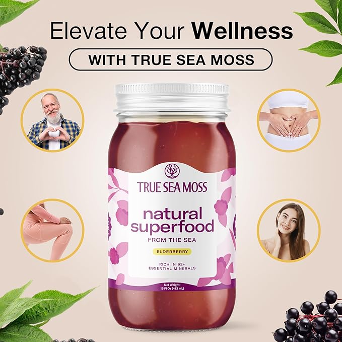 TrueSeaMoss Sea Moss Gel – Made in USA – Wildcrafted Seamoss, Fresh Fruits & Sea Vegetables – Elderberry, Pack of 2 (Labels may Vary)