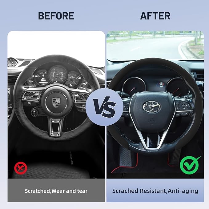 Suede Steering Wheel Cover, Universal 15 Inch Car Steering Wheel Cover, Non-Slip Design,Breathable,Car Interior Accessories Black