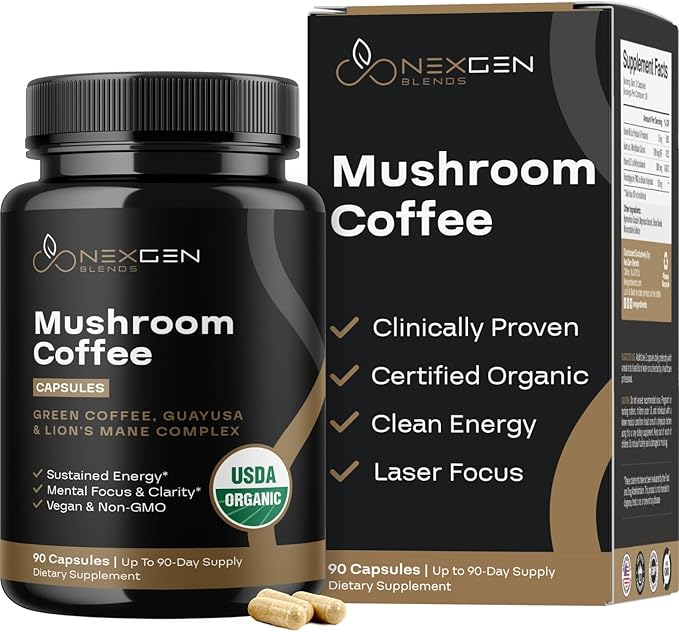 100% Organic Mushroom Coffee Capsules - Natural Energy Supplement with 130mg Caffeine from Clinically Proven Patented Green Coffee Bean & Guayusa Extracts for Jitter-Free Energy & Focus (90 Servings)