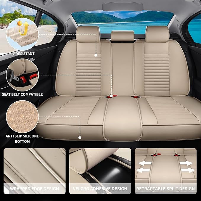 Car Seat Covers Full Set Fit for Toyota Prius 2001-2026, Premium Faux Leather Car Seat Protector,Breathable Anti-Slip Full Wrapping Edge Seat Covers(Beige,Full Set)