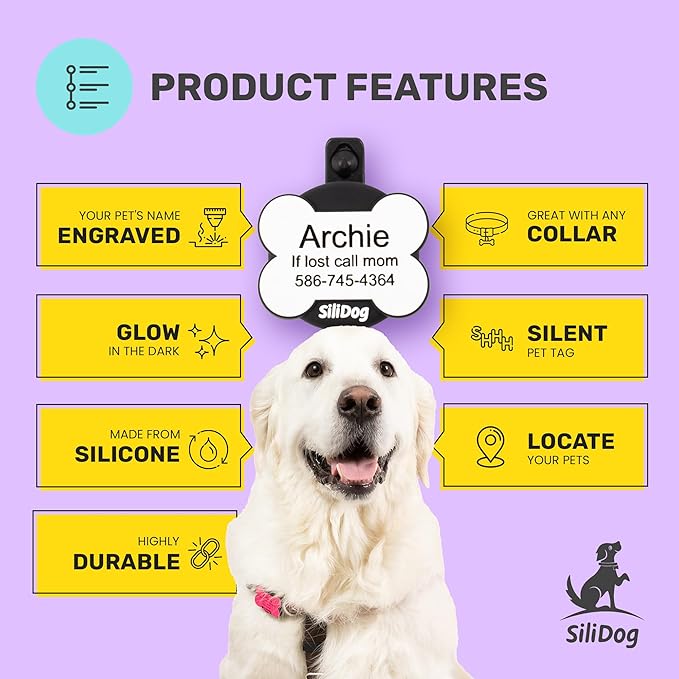 SiliDog AirTag Holder Silent Dog ID Tag – Personalized Engraved Silicone Pet Tag – Durable, Glow-in-The-Dark – Red Bone