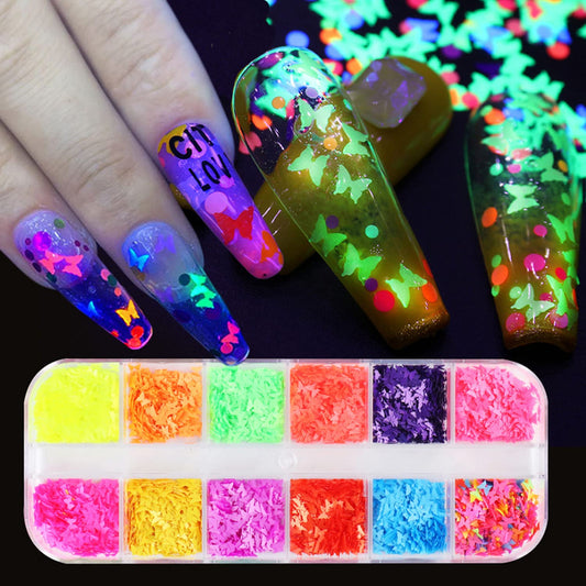 12 Colors 3D Butterfly Nail Sequins Luminous Butterflies Nail Art Design Holographic Butterflies Shape Flakes For Nail Decoratio
