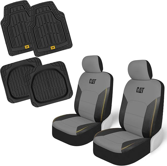 CAT PU Leather Seat Covers for Cars – (2) Front Seat Covers with (4) All-Weather Heavy-Duty Floor Mats for Trucks, Cars, & SUVs Combo Set – Car Interior Protection Liners for Car Seats and Floors