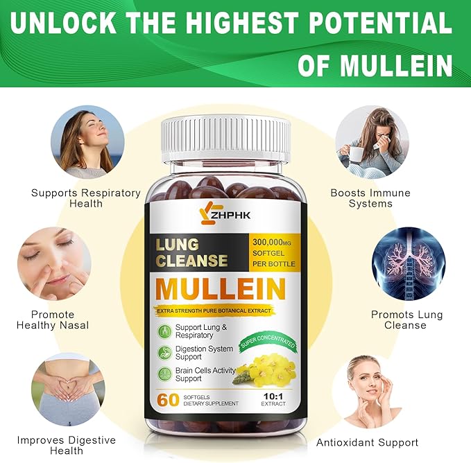 Mullein Leaf Extract for Lungs Softgels, Lung Cleanse Lung Detox for Smokers, Respiratory Support Lung and Bronchial Support, Vegan, Non-GMO, Immune Digestive Support, 60-Count, 60 Days Supply