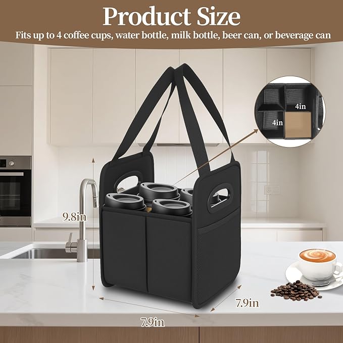 4 Cup Drink Carrier with Handle, Reusable Cup Carriers for Drinks, Portable Foldable Insulated Coffee Cup Drink Holder for Delivery and Caddy