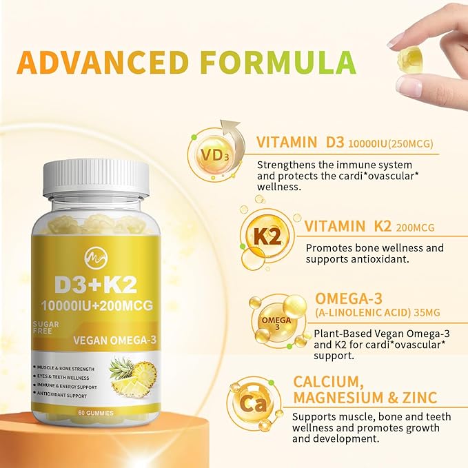Vitamin D3 K2 Filled Gummies, Vitamin D3 10000IU, K2 (MK-7) 200mcg, Sugar Free K2 D3 Vitamin Supplement with Omega-3, Calcium, Magnesium, Zinc for Muscle, Bones & Immune Support, 2 Packs