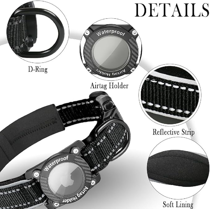 Upgraded AirTag Dog Collar, IP68 Waterproof Dog Collar with Apple Air Tag Holder, Reflective Adjustable Heavy Duty Dog Collars with Soft Padded for Small, Medium and Large Dogs,Black, XL