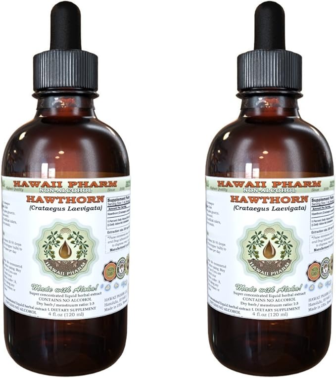 Hawthorn Alcohol-Free Liquid Extract, Hawthorn (Crataegus Laevigata) Dried Leaf and Flower Glycerite Hawaii Pharm Natural Herbal Supplement 2x4 oz