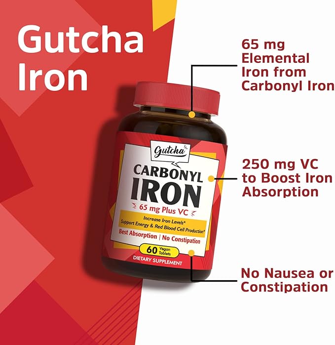 Iron Supplement, 65 mg Carbonyl Iron Plus Vitamin C, Energy & Blood Support for Women & Men, Better Absorption, Gentle on The Stomach, No Nausea, No Constipation, Vegan, Non-GMO, 60 Ct