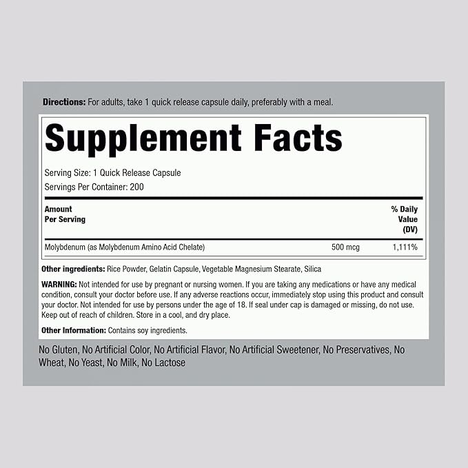 Piping Rock Molybdenum Supplement | 500 mcg | 200 Capsules | Chelated Molybdenum Amino Acid | Non-GMO, Gluten Free