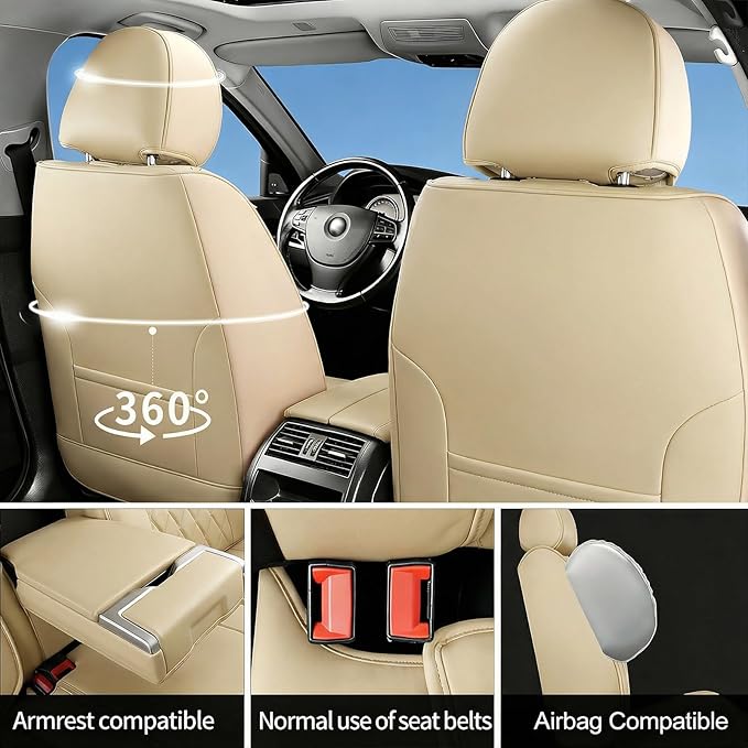 Fit for Sonata Car Seat Covers Compatible with Hyundai Sonata 2004-2026-Waterproof Breathable Leather Automotive Seat Cushions Protector, Airbag Compatible, Full Set 5 Seats(Beige)