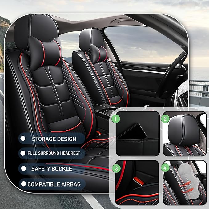 Leather Car Seat Covers Fit for Toyota Highlander 2001-2024, 5 Seater Car Seat Cover, Premium Waterproof, Scratch Resistant Car Interior Accessories (Full Set with Pillow Black Red)