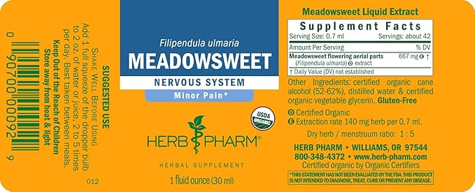 Herb Pharm Certified Organic Meadowsweet Liquid Extract for Minor Pain - 1 Ounce (DMEAD01)