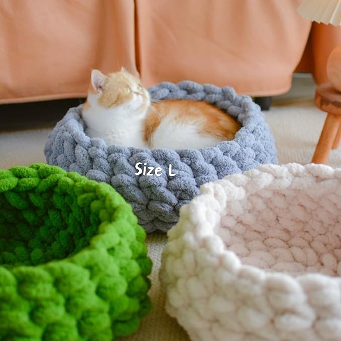 Cat Nest Bed – Premium Handwoven Washable Extra Soft Round Cave House for Indoor Kitten & Kitty, Small & Large (Grayish Blue,Large)