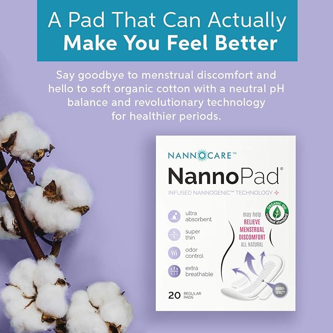 Pads for Women - Nannocare Certified, Organic Cotton - Discomfort Reducing Pads With Wings - Feminine Hygiene - 2 Pack of 20