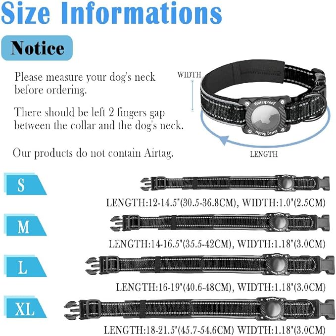 Upgraded AirTag Dog Collar, IP68 Waterproof Dog Collar with Apple Air Tag Holder, Reflective Adjustable Heavy Duty Dog Collars with Soft Padded for Small, Medium and Large Dogs,Black, M