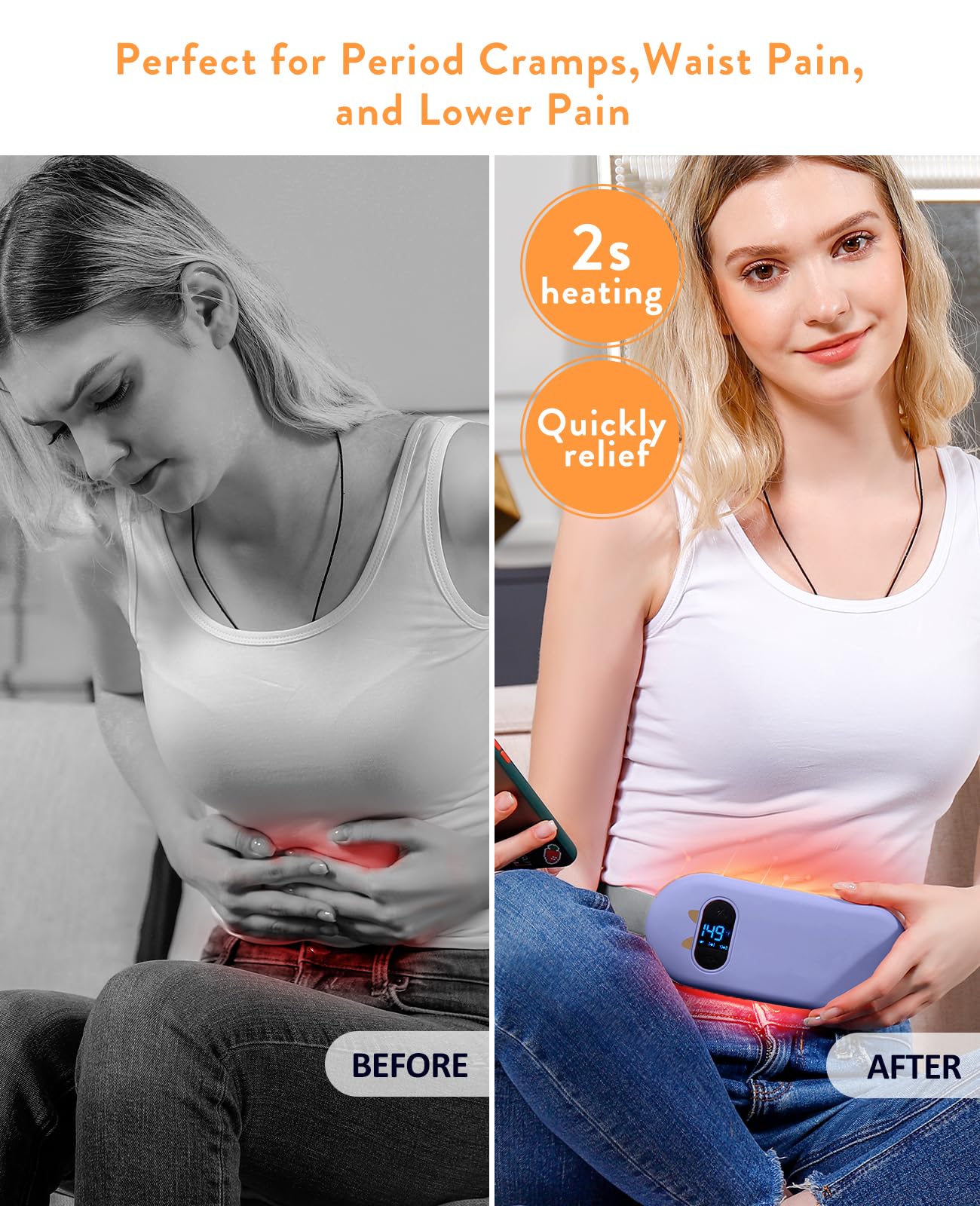 Portable Heating Pad for Period Cramps: Cordless Menstrual Heating Pad with 6 Heat Levels and 6 Massage Modes, 3s Fast Heating Gift for Women and Girl(Pink)