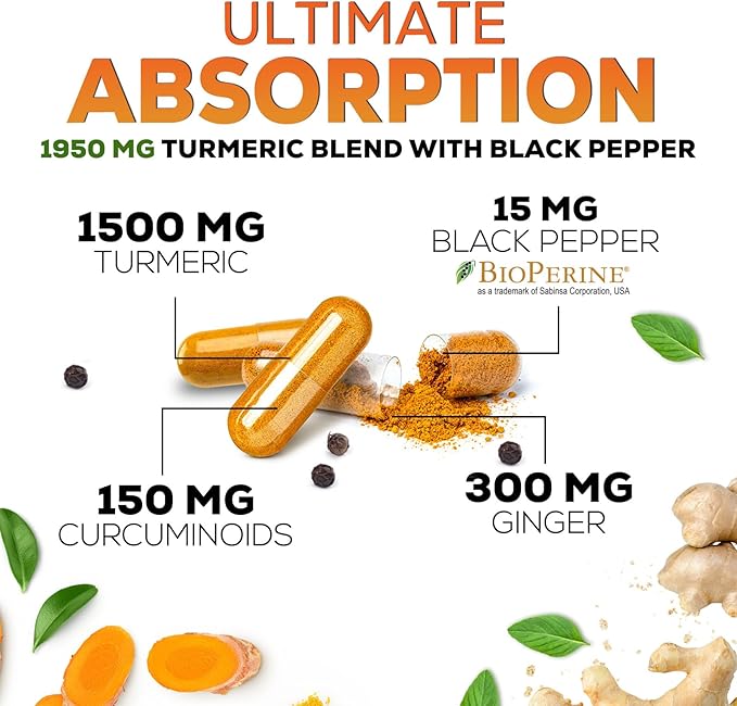 Turmeric Curcumin Supplement 1950mg with Organic Turmeric & Ginger, 95% Curcuminoids, BioPerine Black Pepper for Best Absorption, Nature's Vegan Joint Support, Non-GMO, Bottled in USA - 180 Capsules