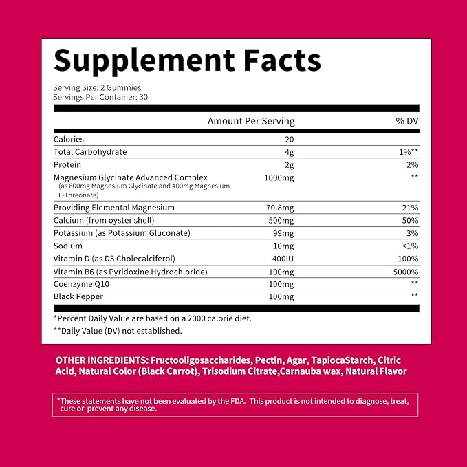 Magnesium Glycinate Gummies 1000mg - for Adults Magnesium Potassium Supplement with Vitamin D, B6, CoQ10 for Calm Mood & Sleep Support - 120 RaspberryGummies -2 Pack