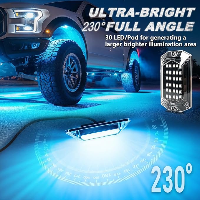 16Pods Full Angle RGB LED Rock Lights Kit for Trucks Pickup Jeep Gladiator Off-Road, 480Chip Waterproof Multicolor Underglow Light with APP/RF Remote, Pre Wired 12V Underbody Accent Light Dual Zone