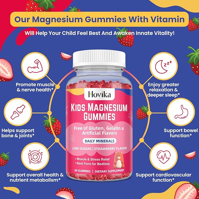 Magnesium Gummies for Kids - Magnesium Citrate + Vitamin B6 & D3 - Great Tasting Kids Magnesium Calm Gummies for Nerve Bone and Muscle Health for Kids Wellness, Vegan Strawberry Flavor 60 Count