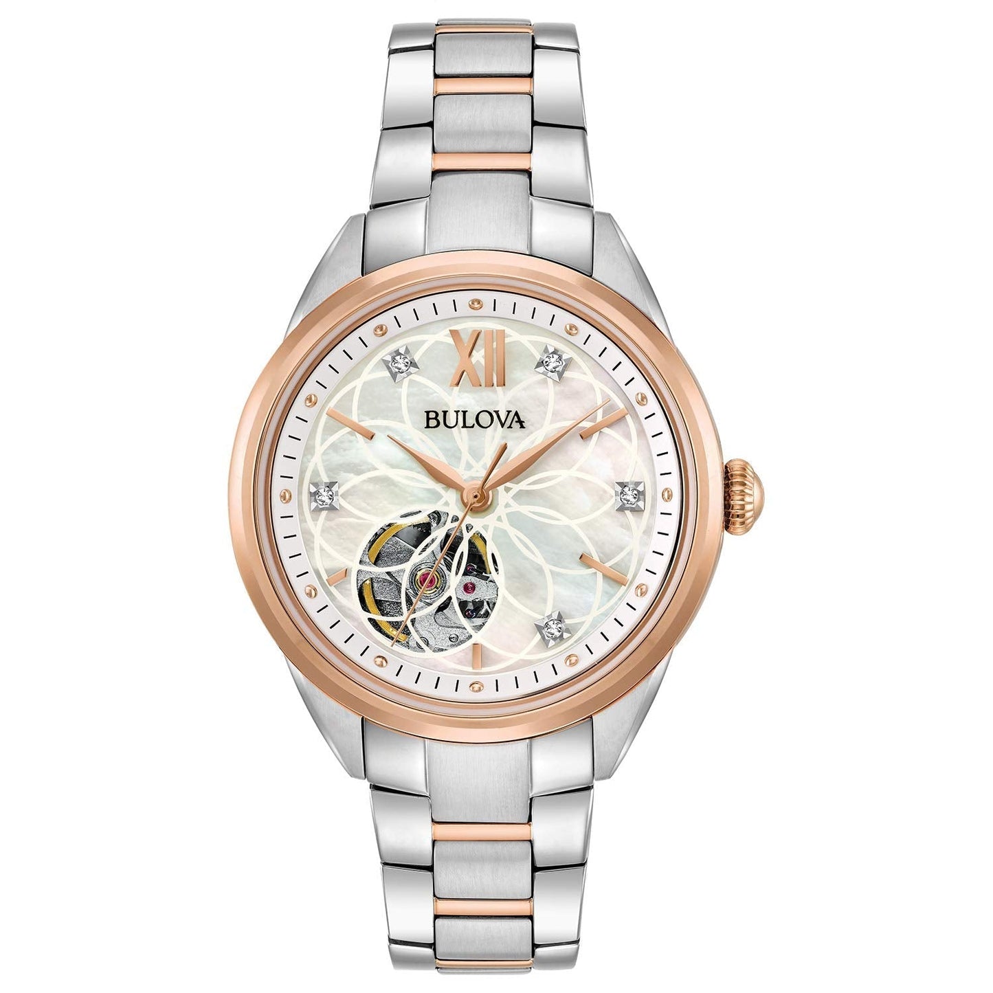 Bulova Ladies' Sutton Two-Tone Rose Gold 3-Hand Automatic, Open Aperture And White Mother-Of-Pearl Dial With Diamonds Style: 98P