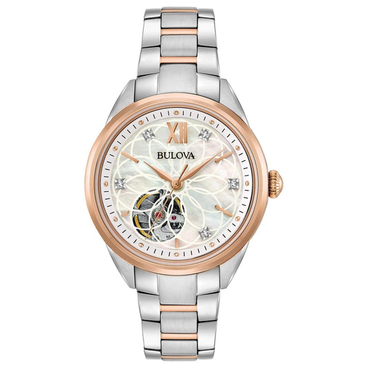 Bulova Ladies' Sutton Two-Tone Rose Gold 3-Hand Automatic, Open Aperture And White Mother-Of-Pearl Dial With Diamonds Style: 98P