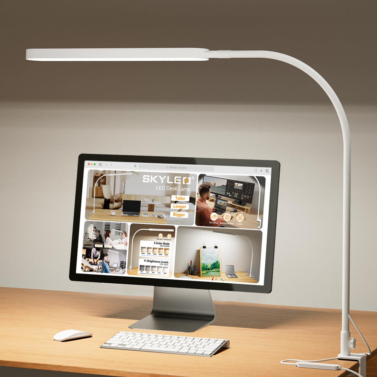 SKYLEO Led Desk Lamp - Desk Light for 31.5" Tall - 5 Color Modes X 11 Brightness Levels - Adjustable Swing Arm - Timmer & Memory Function - 12W Lamp for Desk - Black