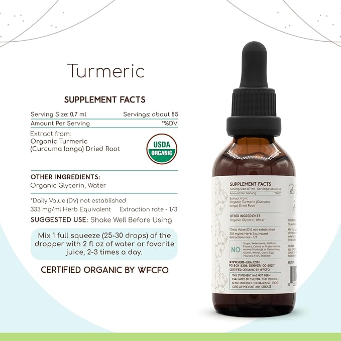 Turmeric B60 USDA Organic Tincture | Alcohol-Free Extract, High-Potency Herbal Drops | Certified Organic Turmeric (Curcuma Longa) Dried Root (2 oz)