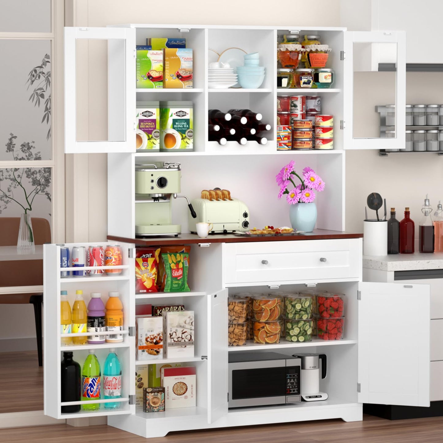 ANDSWANIE Kitchen Pantry Storage Cabinet,White Wood Tall Food Pantry Cabinet with Swing Out Doors,Microwave Stand and Storage,for Coffee Bar Farmhouse Buffet Kitchen Hutch Cabinets (White)