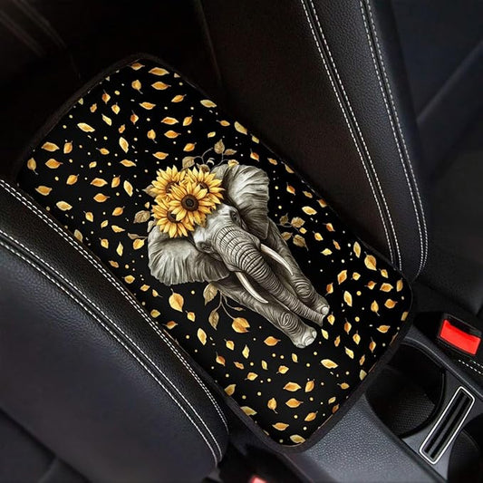 Suobstales Elephant Sunflower Leaf Print Car Armrest Pad Soft Center Console Arm Rest Protector Cover Universal Car Interior Accessories Decoration
