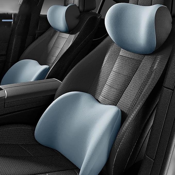 New Car Headrest & Lumbar Support Cushion for Hyundai Santa Fe 2001-2024, Ergonomic Memory Foam Seat Headrest Neck Rest Cushion Breathable Removable Cover for Neck Back Relief,D/Blue