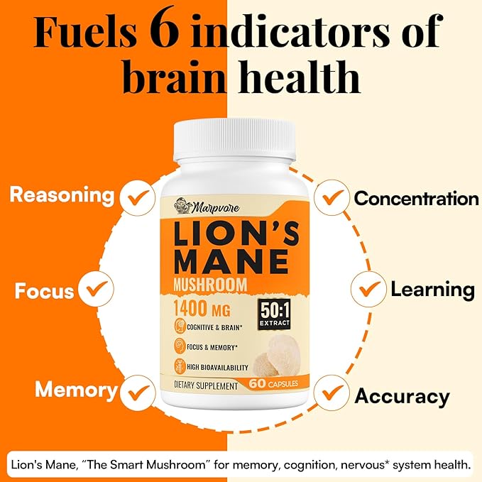 1400mg Lions Mane Supplement Capsules - 50x Strength Potency Brain Supplements for Memory and Focus | Natural Nootropics Brain Supplement for Cognitive, Clarity, Concentration & Energy - 60 Caps