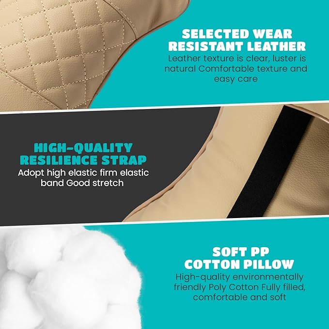 Set of 2 Quilted Faux Leather Car Headrest Pillow, Black Case/Black Threading, Ergonomic Neck Support for Comfortable Driving (Tan Base/Beige Thread)