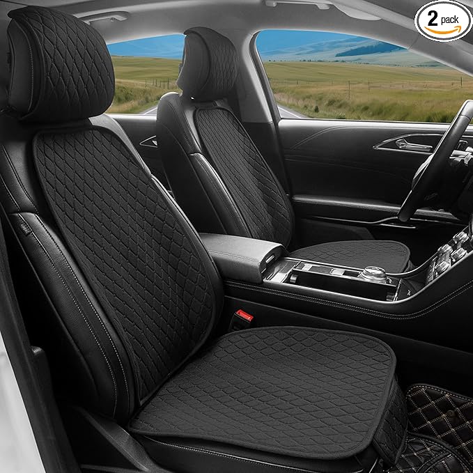 Linen Car Seat Covers Front Seat Covers, Breathable Cloth Fabric Car Seat Protector with Storage Pocket Anti-Slip Car Seat Protector Universal Fit for 98% Cars SUV Trucks (2Pack Black)