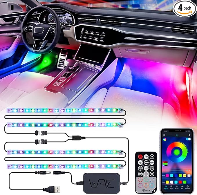 Xprite Dreamcolor USB LED Cars Interior Lights Strip Kits, w/Remote & Bluetooth APP Control, Footwell Under Dash RGB Neon Chasing Inside Lights, DIY Music Mode, Universal for Vehicle Trucks UTV ATV
