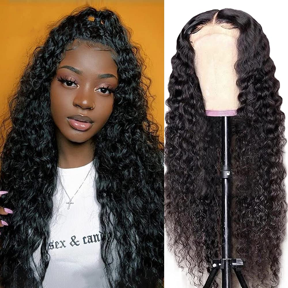 Kiss Love Glueless Wigs Human Hair Pre Plucekd With Baby Hair 180% Density Deep Wave Closure Glueless Wig With Elastic Band 4X4