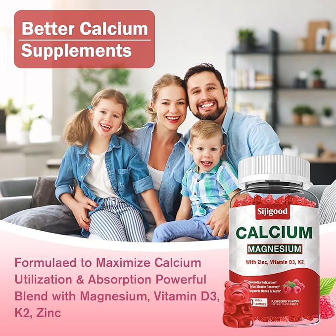 Calcium Magnesium Zinc Gummies – Calcium with Vitamin D3 & K2, Calcium Citrate Gummies for Bone, Muscle, Calm & Zzz Support –High Absorption Magnesium, Raspberry Flavored, 60 Count