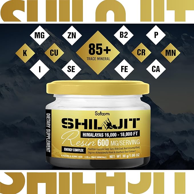 Satoomi Shilajit Himalayan Organic Resin - 30g Shilajit Supplement with 85+ Trace Minerals, Paullinia Guarana, Gotu Kola & More - Energy Production, Immune System, Comfortable Mood - 50-Day Supply