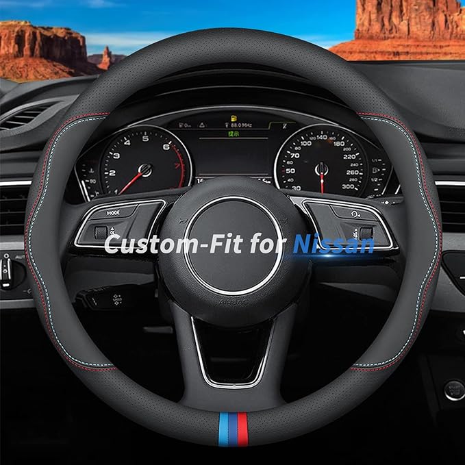 Custom-Fit for Nissan Steering Wheel Cover, Premium Leather Car Steering Wheel Cover with Logo, Non-Slip, Breathable, for Nissan Accessories (C-Style,for Nissan)