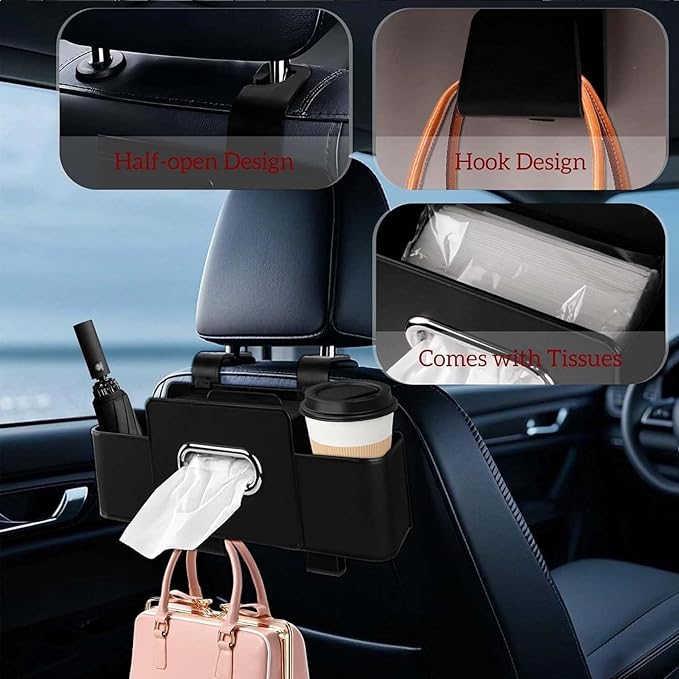 3-in-1 Car Backseat Organizer, 2026 Upgraded Multifunctional Car Seat Back Storage Box, Backseat Car Organizer with 2 Cup Holders, Tissue Box & Hooks, Universal Car Essentials (Beige)