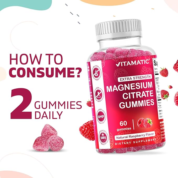 Vitamatic Extra Strength Magnesium Gummies – 255 mg (Elemental Magnesium) per Serving – 60 Vegan Gummies Supports Relaxation, Muscle & Nerve Function, Bone Health & Energy Production